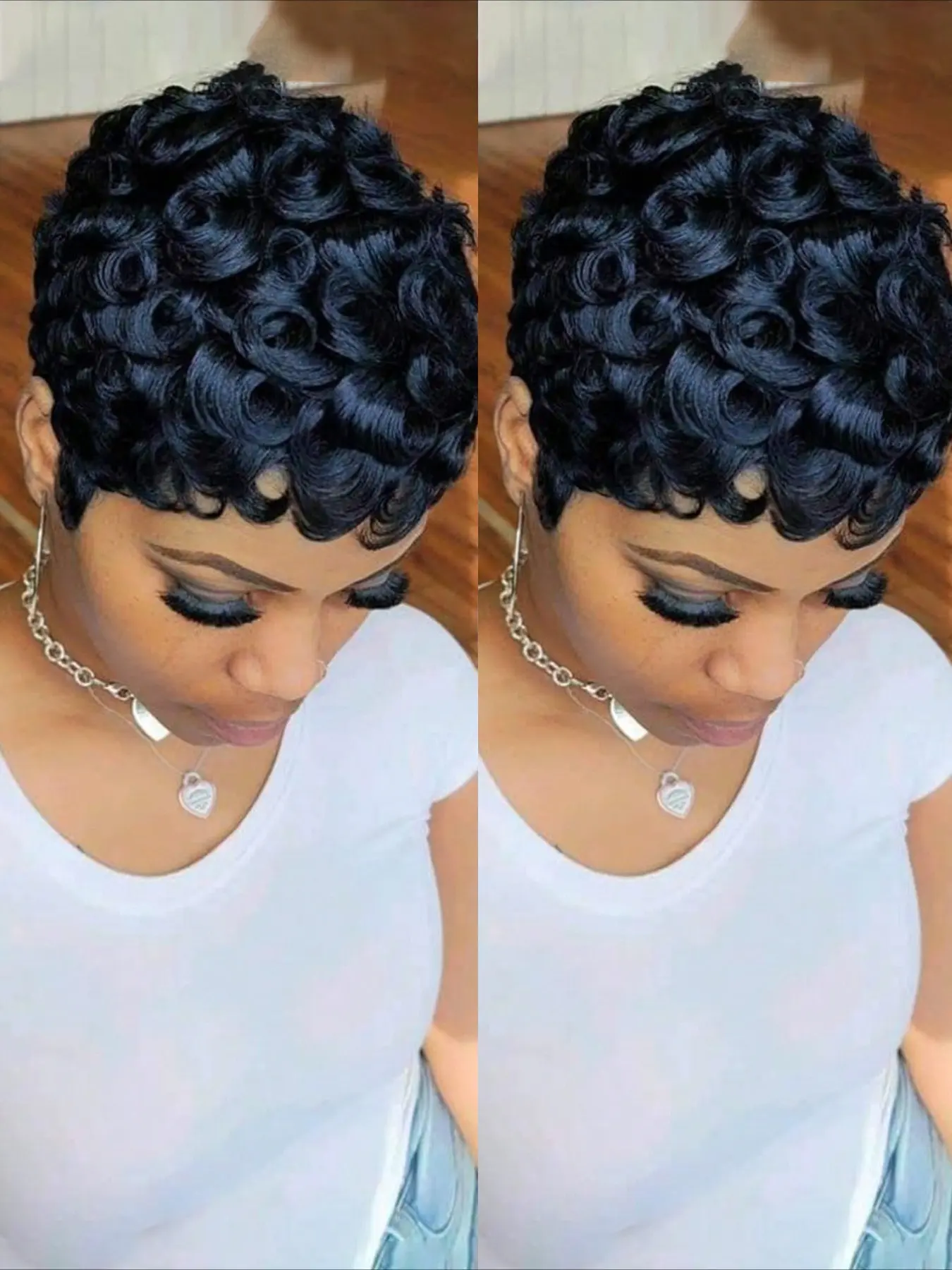 Curly Wave Wig Pixie Cut Wig for Women Halloween Wig Human Hair Curly Full Machine Made Wig 150% Density 6 Inch