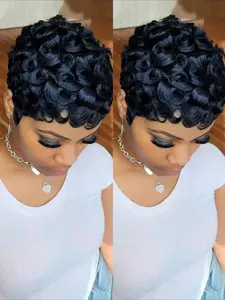 Curly Wave Wig Pixie Cut Wig for Women Halloween Wig Human Hair Curly Full Machine Made Wig 150% Density 6 Inch