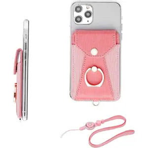 Cell Phone Card Holder,Card Holder for  of Cell Phone with Ring Grip Stand,Adhesive Stick-on Credit Card Wallet Pocket with Detachable  Strap Pink