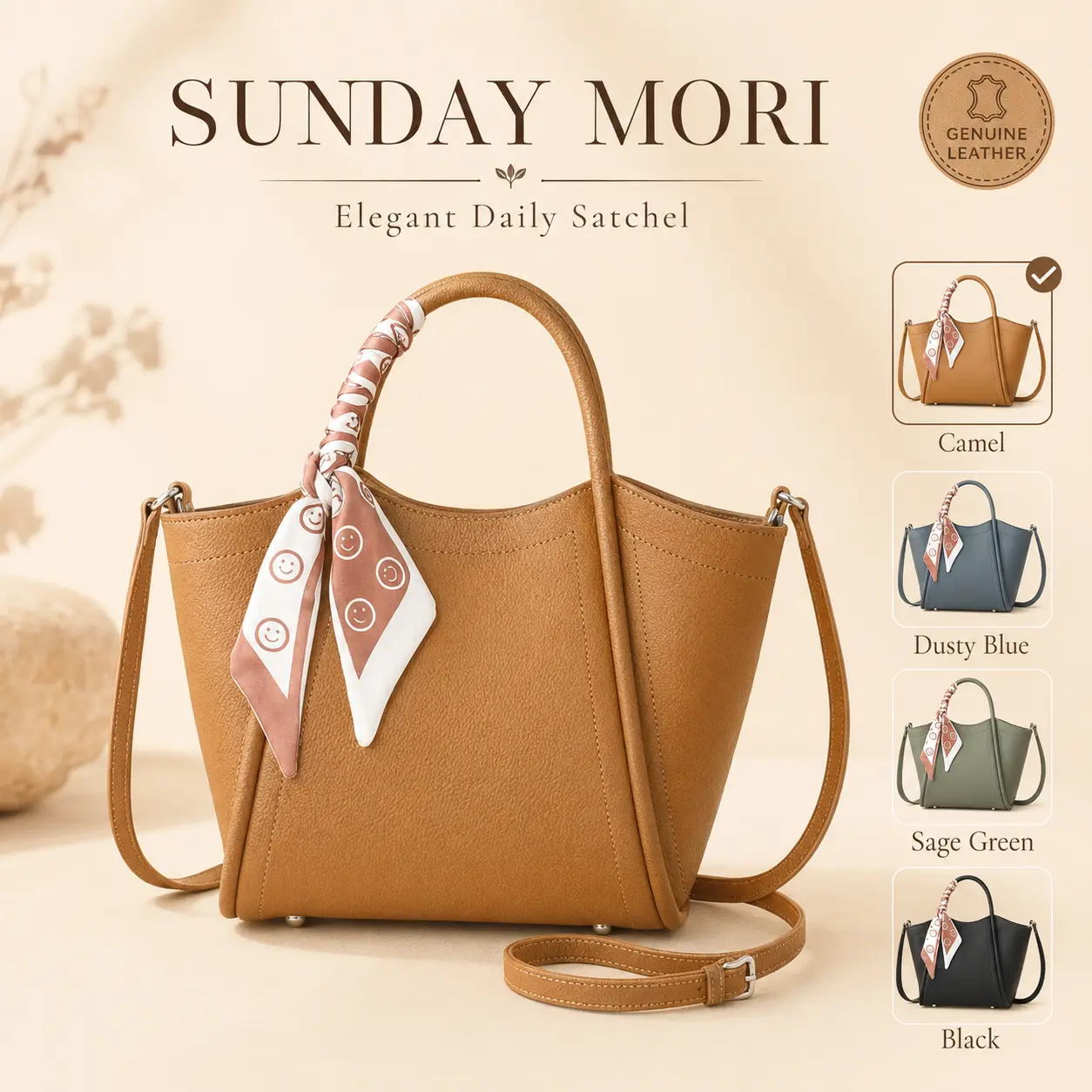 Sunday Mori Women’s Genuine Leather Bucket Bag, Minimalist Adjustable Tote Shoulder Bag, Spacious Everyday Handbag for Work & Daily Use, Tote Shoulder Bags, Everyday Bags