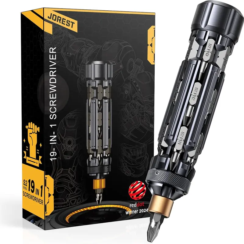 Jorest 19-in-1 EDC Multibit Screwdriver Set - Magnetic Torx/Phillips/Hex Bits, Heavy-Duty Grip Handle, Tools and Gadgets Work Tools, Pocket Repair Kit for Bikes, Easter Gifts, Red Dot Award Winner