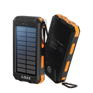 LOZE solar power bank 10000mAh with compass, carabiner, flashlight, outdoor emergency mobile phone charger, equipped with dual USB, Type-C port, compatible with iPhone, Samsung. Suitable for iWatch, AirPods,