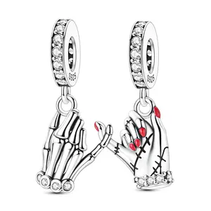 MULA 925 Silver-plated Skull Pinky Promise Pendant for Pandora Bracelet – Gothic Skull Hand and Red Nail-Stitched Hand-Shaped Beads, a "Till Death Do Us Part" Jewelry Gift