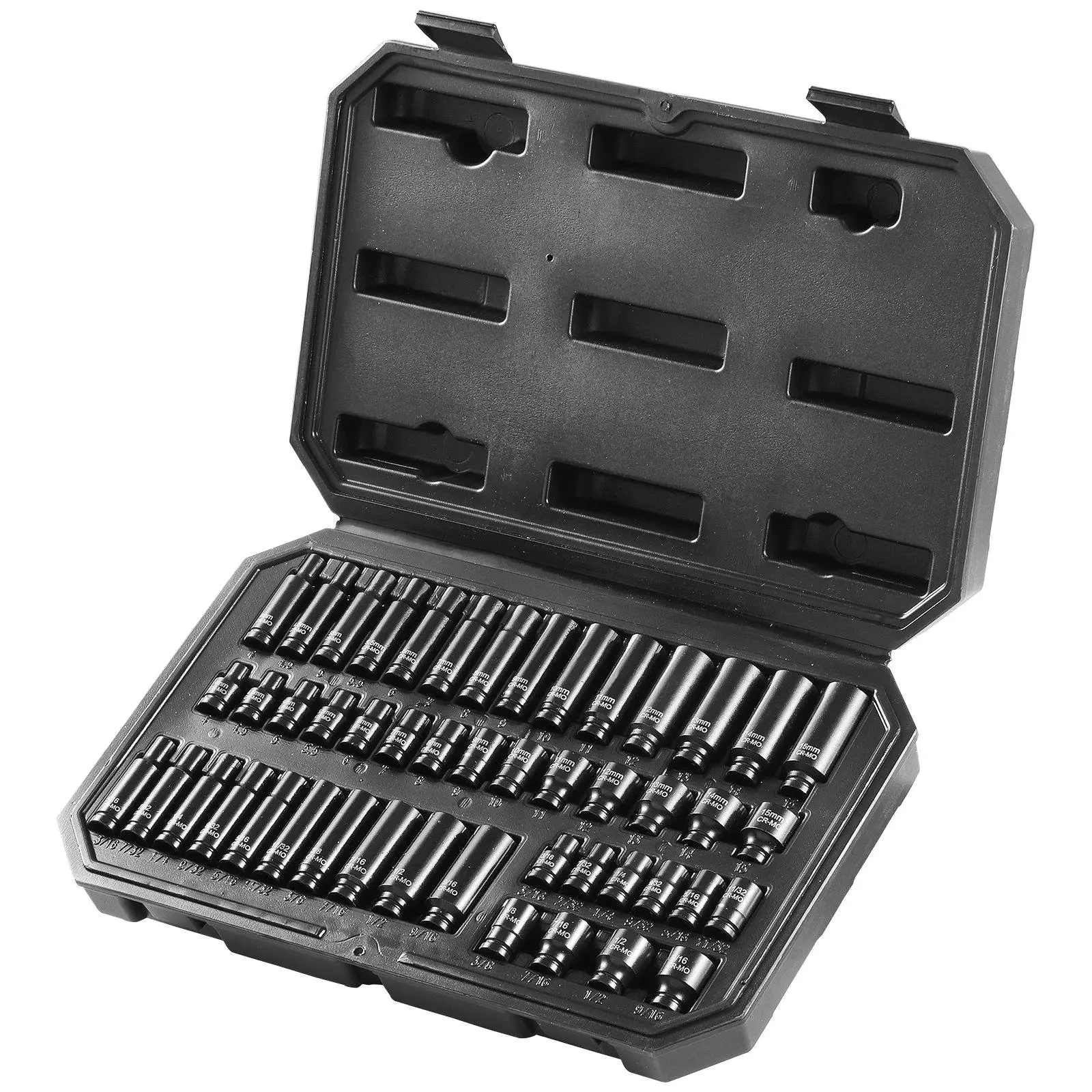 VEVOR 1/4" Drive Impact Sockets Set, 48pcs CR-MO SAE Shallow (3/16" - 9/16") & Metric Deep/Shallow (4-15 mm), 6-Point Drive Bit Ratchet Tool Kit Case