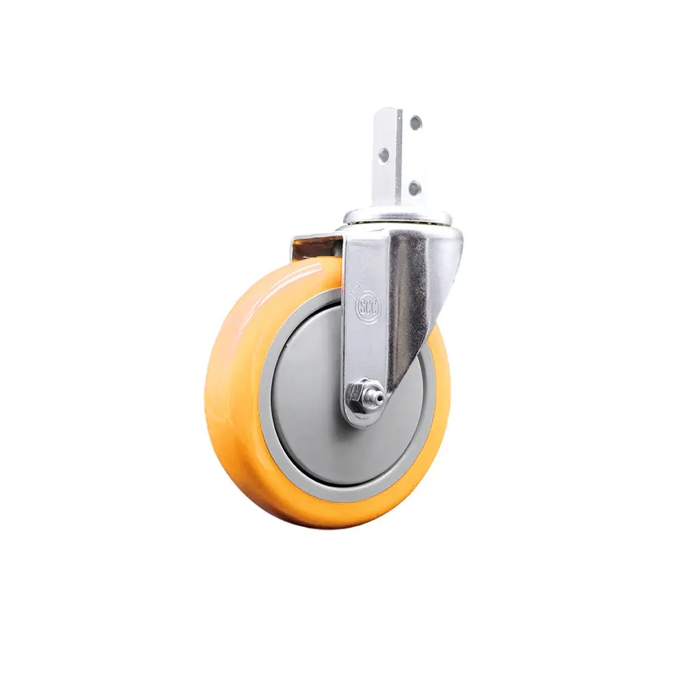 Service Caster SCC-SQ20S514-PPUB-YEL-78 Bolted Swivel Square Stem Caster with Furniture Moving Wheel, 5x1.25in Yellow Non-Marking Polyurethane Swivel Wheels, 0.87x2in Square Stem Mount, 3x0.26in Mounting Holes, Ball Bearings, 350 lbs Capacity for Carts
