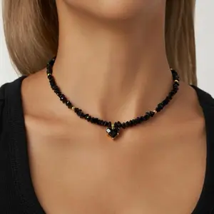 Crystal Zircon Heart Shaped Necklace Pendant with Black Beads and Gold Accents for Women