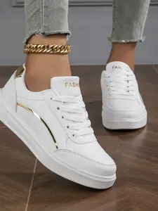 Women's Platinum Color Thick Sole Sneakers, Versatile Casual Sports Shoes, Soft Breathable Bottom, All-Season Fashion Footwear