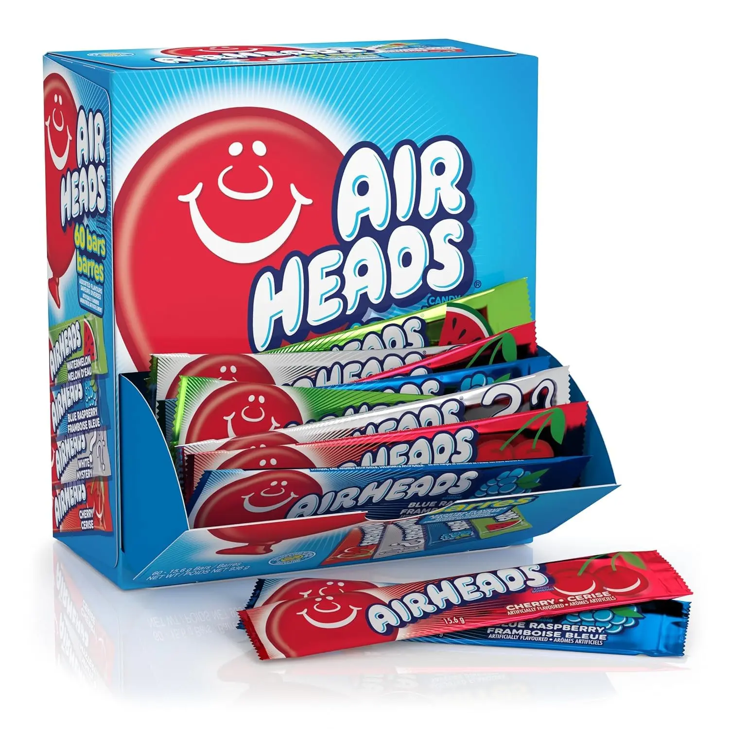 Airheads Full-Size Taffy Candy Bars, Bulk Variety Pack Snack, Individually Wrapped, 6 Assorted Artificially Flavored Fruit Flavors, 60-Count Box