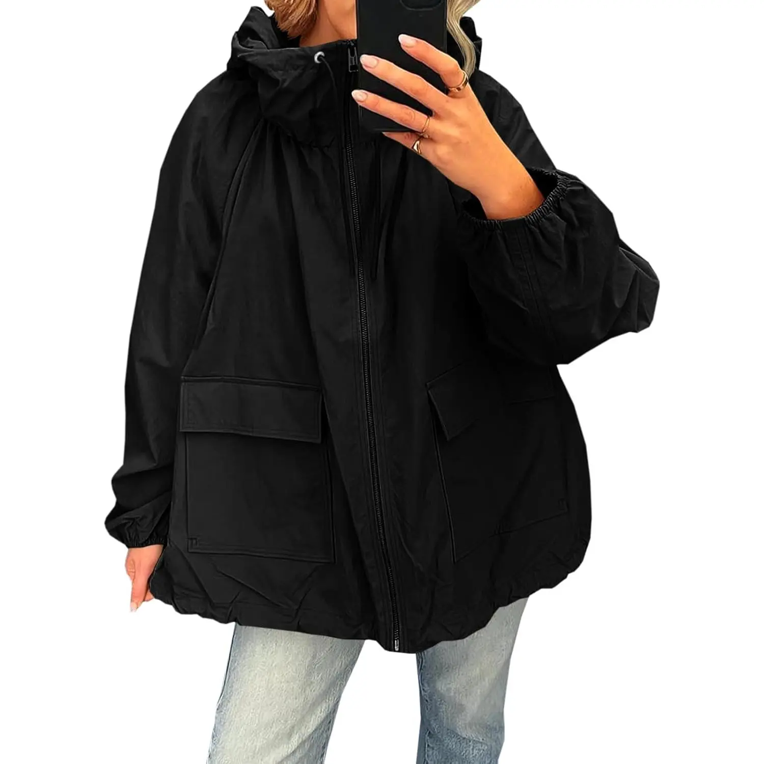 Womens Oversized Lightweight Jacket Hooded Trench Coat Windbreaker Waterproof Raincoat With Pockets for Outdoor