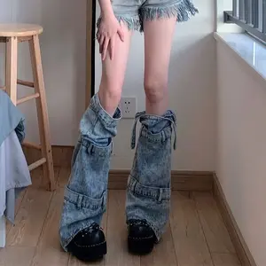 Subculture Niche Design Trendy Fashion Style Y2K Baddie Vintage Denim Leg Warmers Washed Tie-Up Stackable Socks lrregular Calf