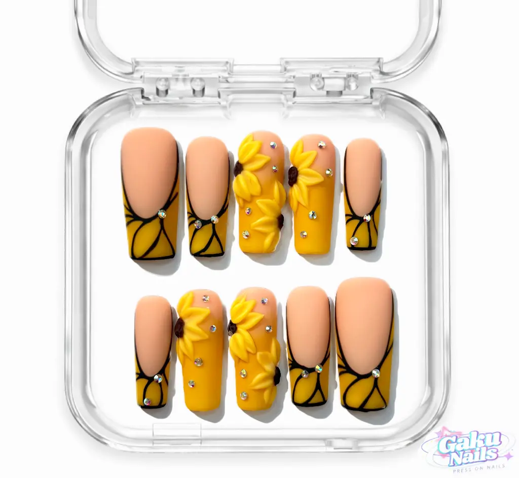 GakuNails SUNFLOWER REVERIE 10 Pcs High-Quality Long Square Pink Floral French Tips with 3D Gel and Diamond Charms, Reusable False Nails, French Tip, Multi-Pack, 3D Floral Detail, Diy Nails At Home, Manicure At Home, Nail Designs, Decorated Nails