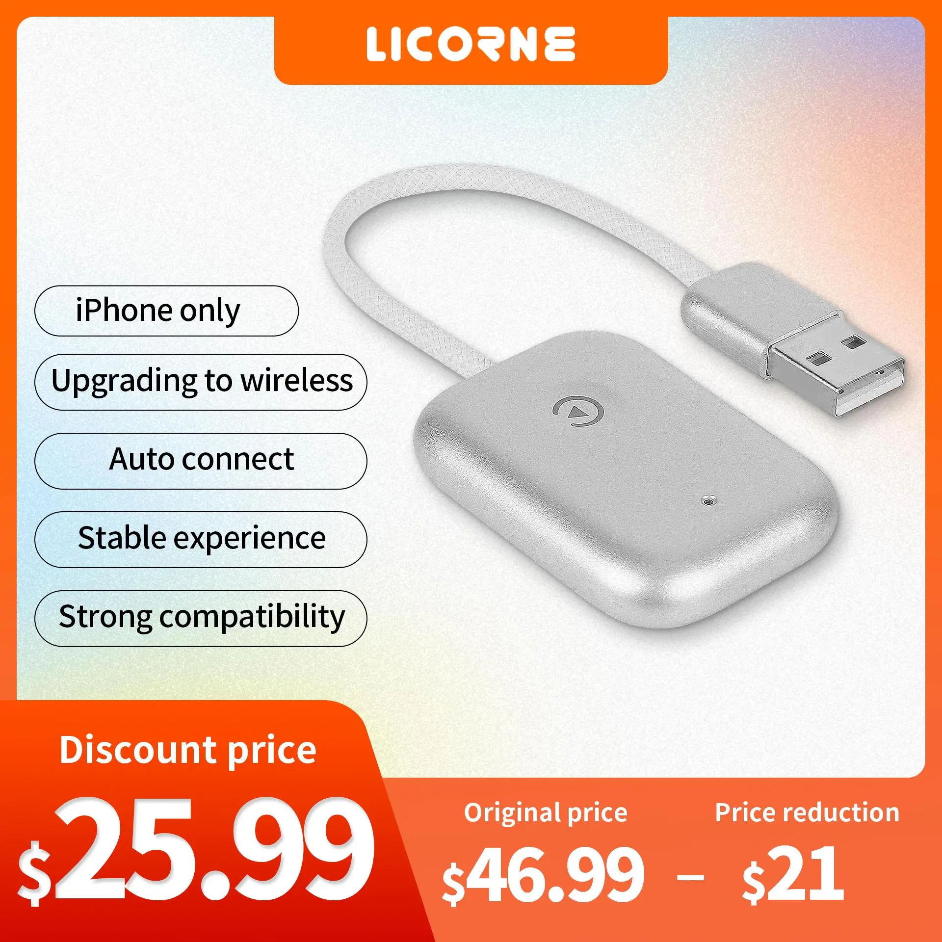LICORNE Wireless Carplay Adapter for iPhone Bluetooth Car Adapter Converts Wired to Wireless. Adapter for Cars with Wired CarPlay. Plug & Play