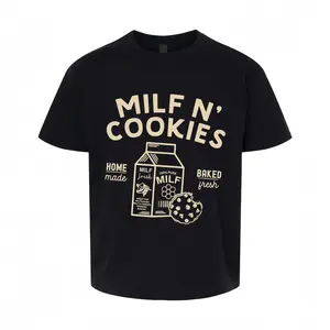 Retro MILF N' Cookies Graphic T-Shirt for Men & Women | Vintage Milk & Cookies Print Short Sleeve Tee Streetwear Aesthetic Urban Style Cotton Tshirt | Oversized Casual Hip Hop Top Apparel Black