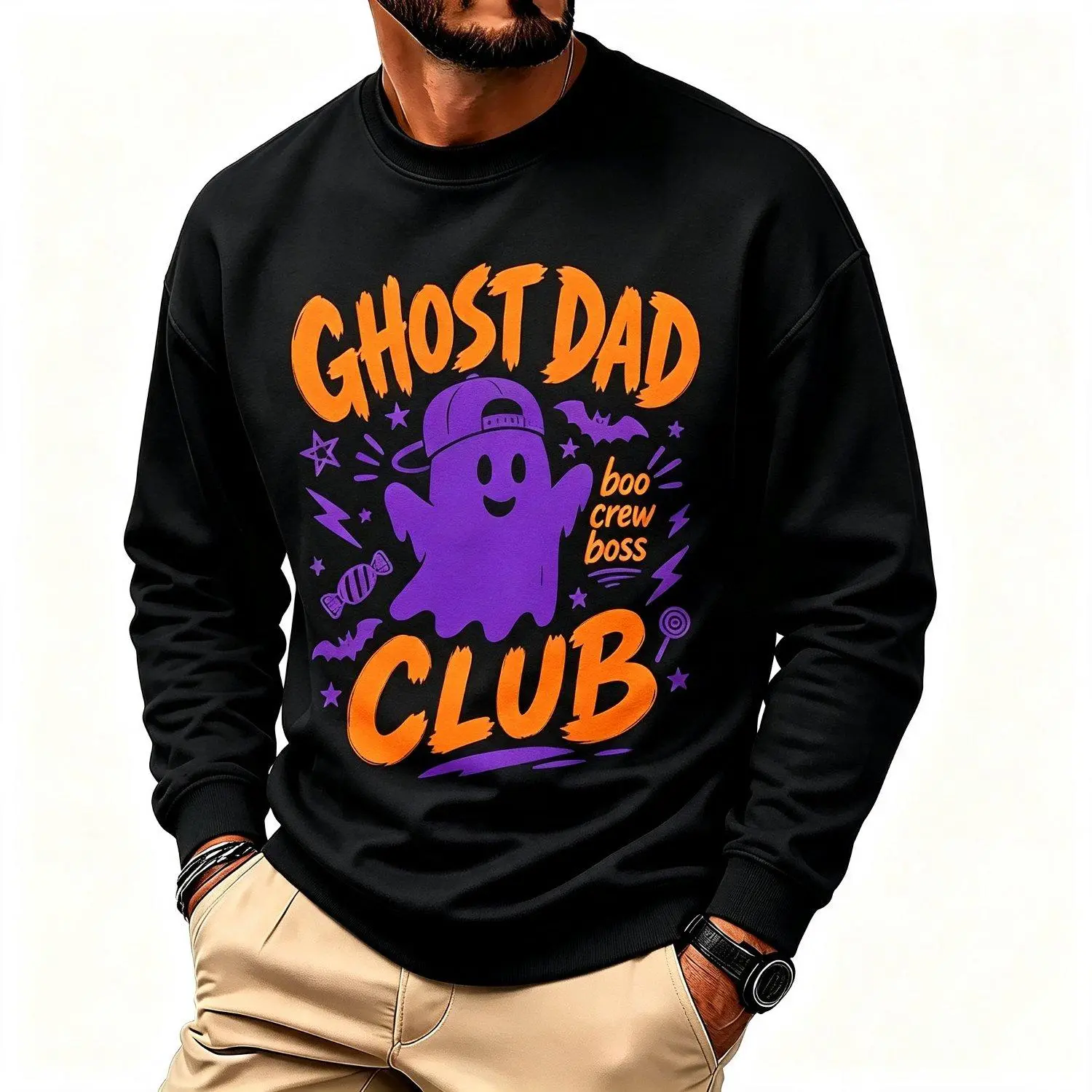 Ghost Dad Club Funny Halloween Boo Crew neck sweatshirt Casual Pullover Graphic Novelty Cozy Long Sleeve Holiday Family Matching Gift for Dad
