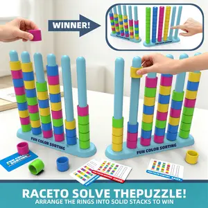 Color Stacking Challenge – Fast-Paced STEM Sorting & Stacking Puzzle Toy for Age 6+, Family Board Game for Party & Game Night with 2 Racks + 50 Double-Sided Cards + 80 Colored Plastic Rings, Educational Brain Teaser for Kids