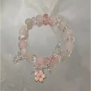 Pastel Pink Flower Charm Bracelet - Dainty Crystal Beaded Bracelet for Women, Romantic Floral Jewelry, Y2K & Fairycore Style