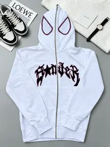 Y2k Full Zip Up Spider Hoodie，Women Men coat Harajuku Graphic，Unique hooded glasses design, street punk style, casual hip-hop outfit，Casual Fitted Fall & Winter sweatshirts