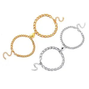 2Pcs/set Magnet Couple Bracelets Heart Bracelet Stainless Steel Cuban Chains Key Lock Jewelry Birthday Gifts