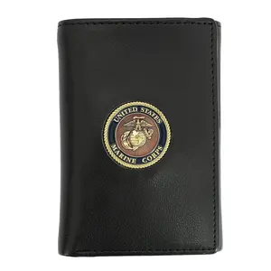 Officially Licensed "US Marine Corps" Medallion Genuine Leather Classic Handmade Wallet - Trifold Black
