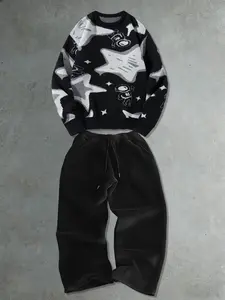 Men's 2-Piece Round Neck Sweater + Drawstring Pants Set, Casual Comfortable Sportswear, Unique Design, Fall & Winter Wear, Athleisure Style