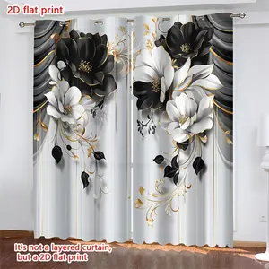 2D Flat, 2pcs, 2D flat print, semi-opaque semi-transparent perforated curtains, Modern style black and white floral curtainUsed for home decoration in bedrooms, living rooms, kitchens, cafes, and study rooms., 2D Flat