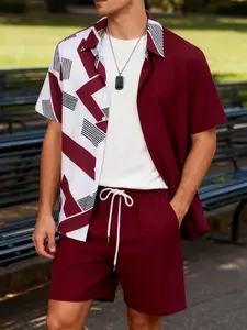 Men's Burgundy Asymmetrical Geometric Print 2-Piece Homewear Pajama Nightwear Loungewear Set - Short Sleeve Button-Up Shirt & Drawstring Shorts, Ultra-Soft Breathable Fabric, Relaxed Fit for Casual At-Home Lounging, Sleeping & Lazy Weekends Loose Pj Set