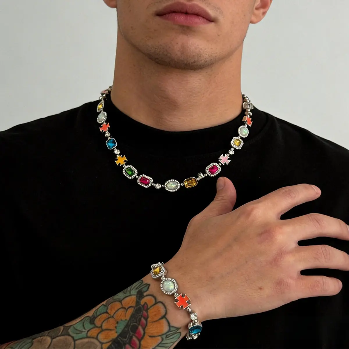 Men's Opal Colored 3A Zircon Hip Hop Drip Oil Cross Declaration Necklace Men's Fashion Simple Clavicle Chain Jewelry Gift