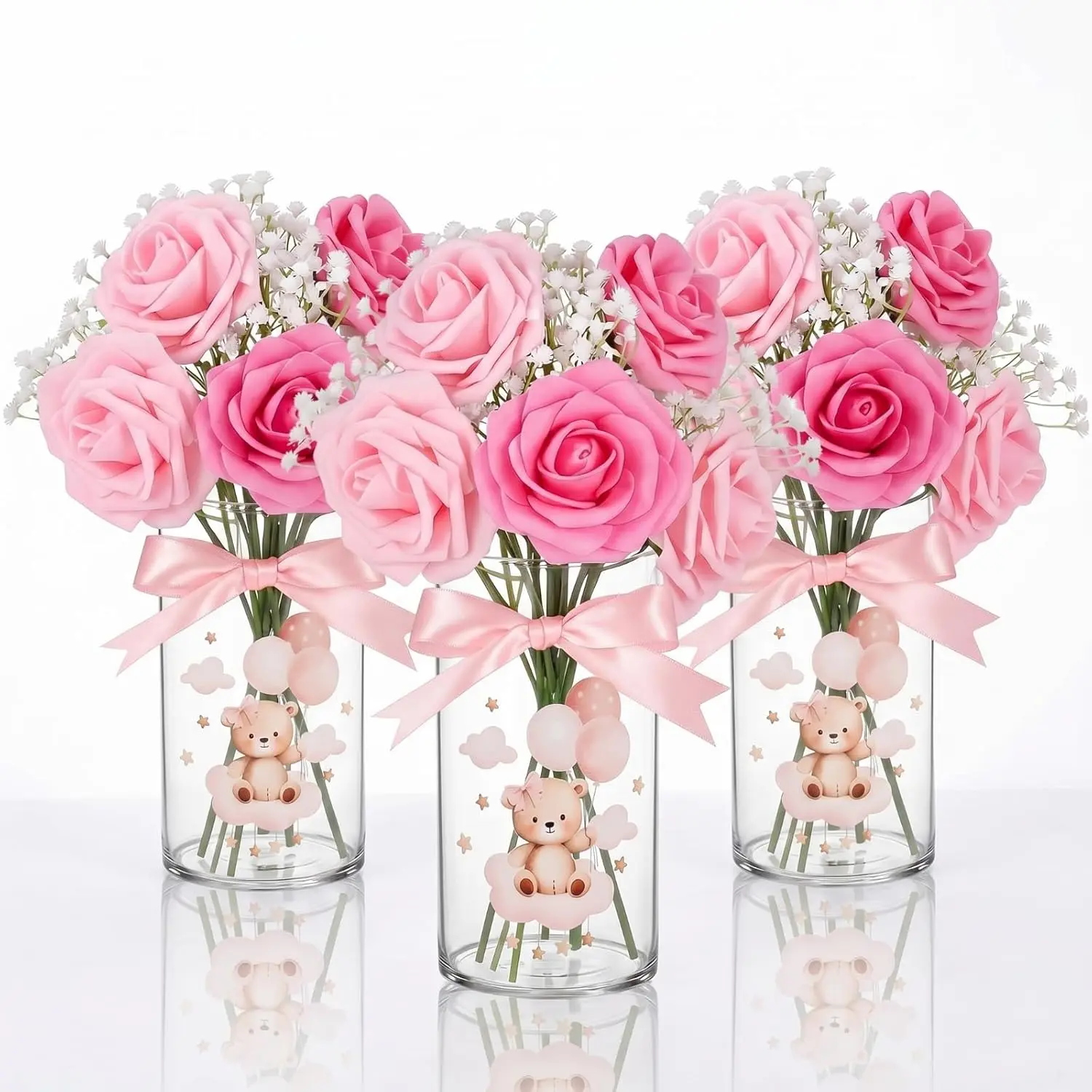 Rtteri 3 Sets Bear Baby Shower Table Centerpieces, Artificial Rose Baby's Breath Bouquet Balloon-Bear Sticker Vase with Ribbon Set Decor for Boys or Girls Gender Reveal Welcome Party Favors(Pink)