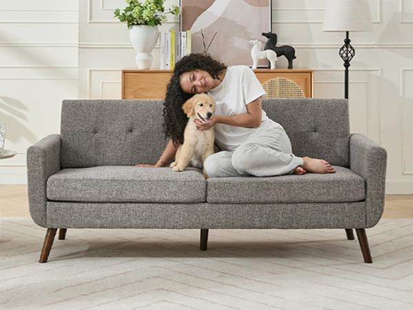 Tbfit 77.2" Linen Loveseat Sofa - Mid-Century Modern Compact Durable Easy Sofa Sets, Button Tufted Design, Solid Wood Legs, Pocket Spring Cushion, Easy Assembly, Summervibes, Compact Sofa Sets,dorm essentials,home decor