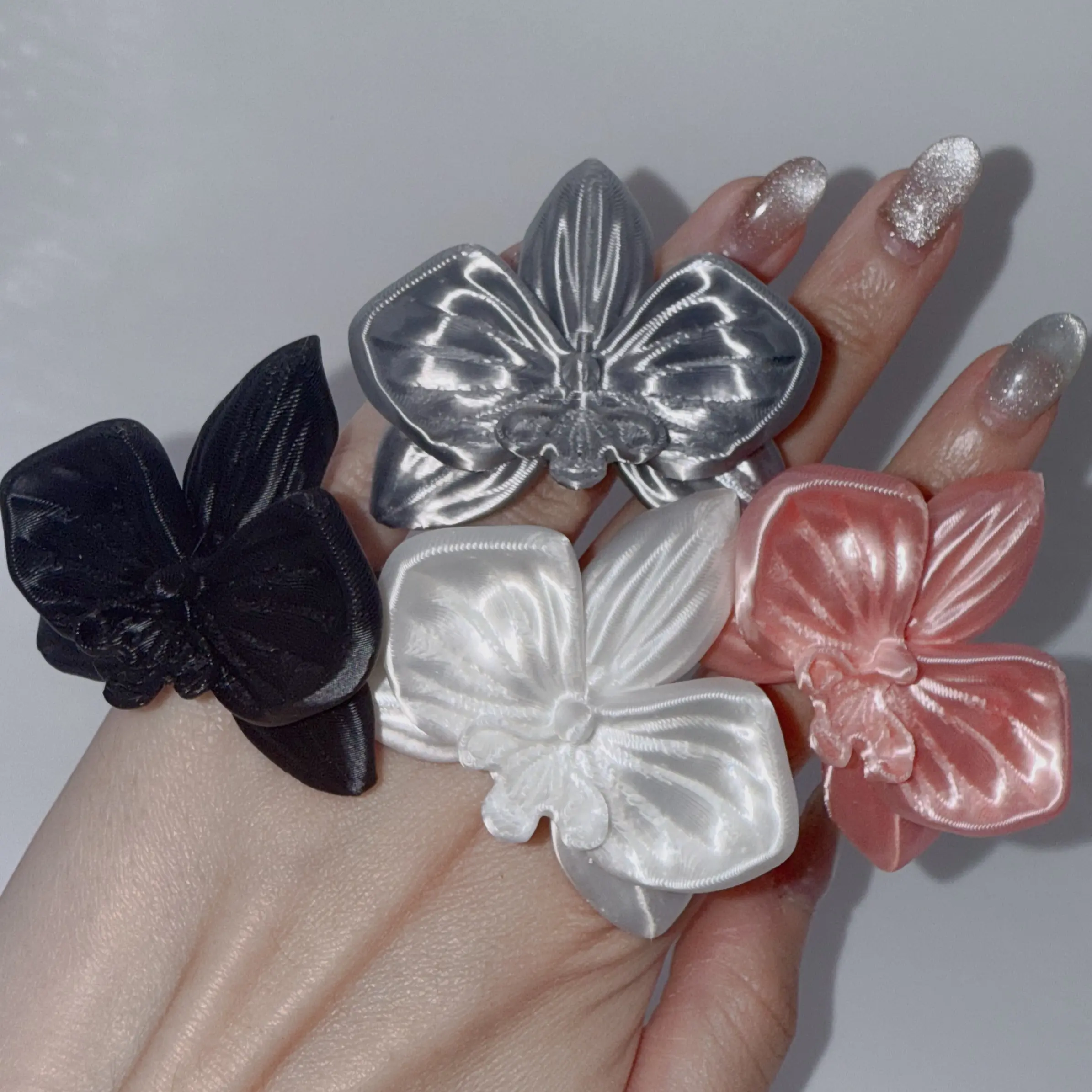 Orchid Ring Mori Kei Flower Statement Ring Fairy Jewelry in Black Silver White and Pink Colors Plastic Material