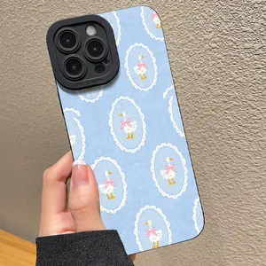 Light blue checkered oval white goose pattern, drop-proof and non-slip TPU full-coverage lens phone case, compatible with iPhone 17, 16, 15, 14, 13, 12, 11, XS, X, Samsung and other models. Makes a great gift for friends or family.