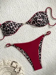 Two-Piece Set Women's Leopard Print Faux Pearl Decor Bikini Set, Swimsuit Style Bikini, Triangle Bikini Sets, High Stretch Casual Fashion Chic Tie Back Backless Swim Top & Swim Bottom for Beach Holiday Vacation, Ladies Swimwear for All Seasons