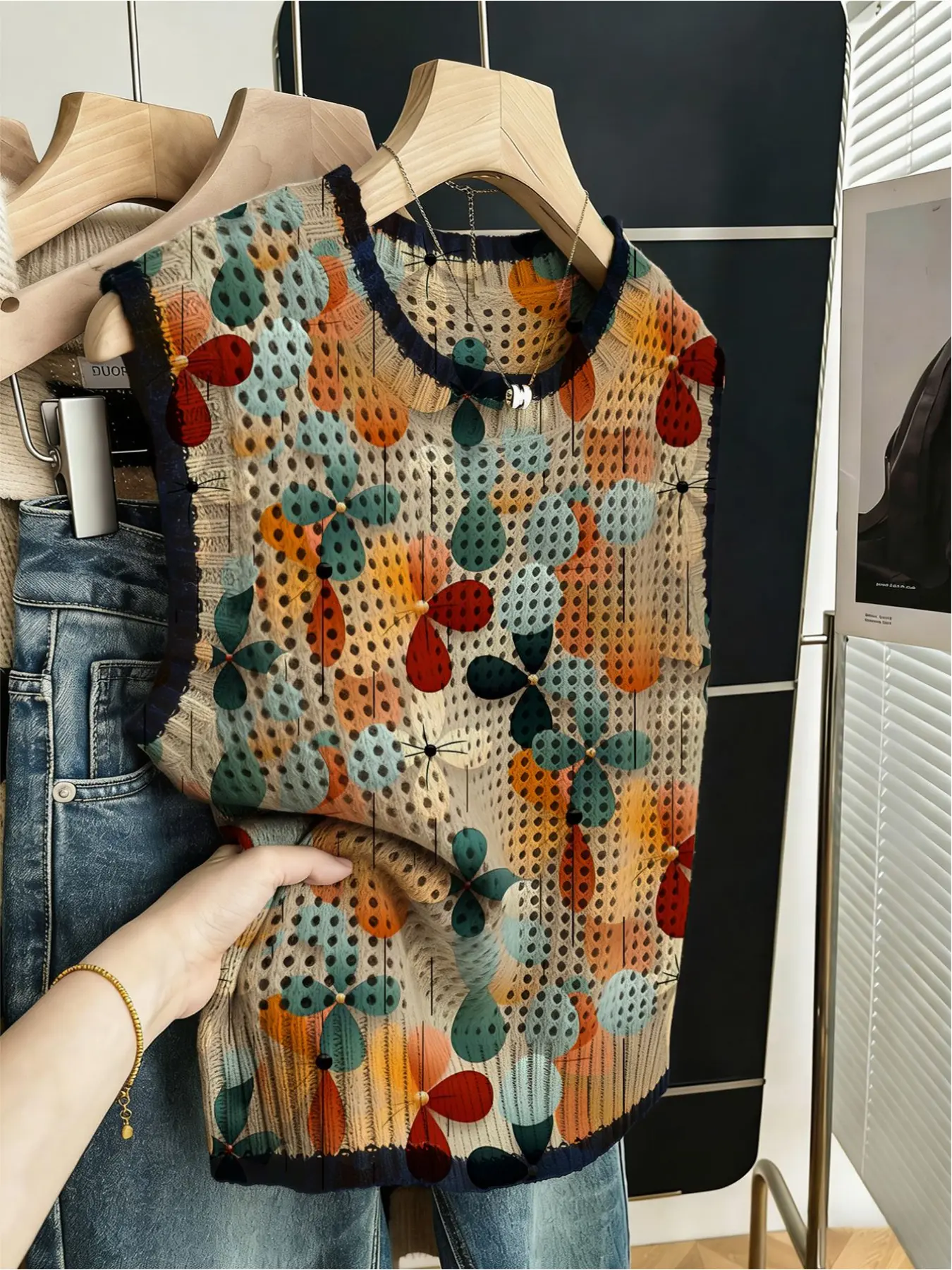 Spring/Summer vacation boho style, casual loose crew neck sleeveless hollow-out with contrast trim, khaki floral print women's knitted top, summer women's outdoor top, vest cardigan, women's summer knitted top, summer bikini cover-up, knitted cardigan