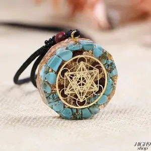 Unisex Natural Blue Turquoise Orgonite Energy Necklace, Geometric Healing Crystal Chakra Pendant, Spiritual Protection Amulet, Elegant Fashion Jewelry Accessory For Adult Daily Wear And Meditation Styling