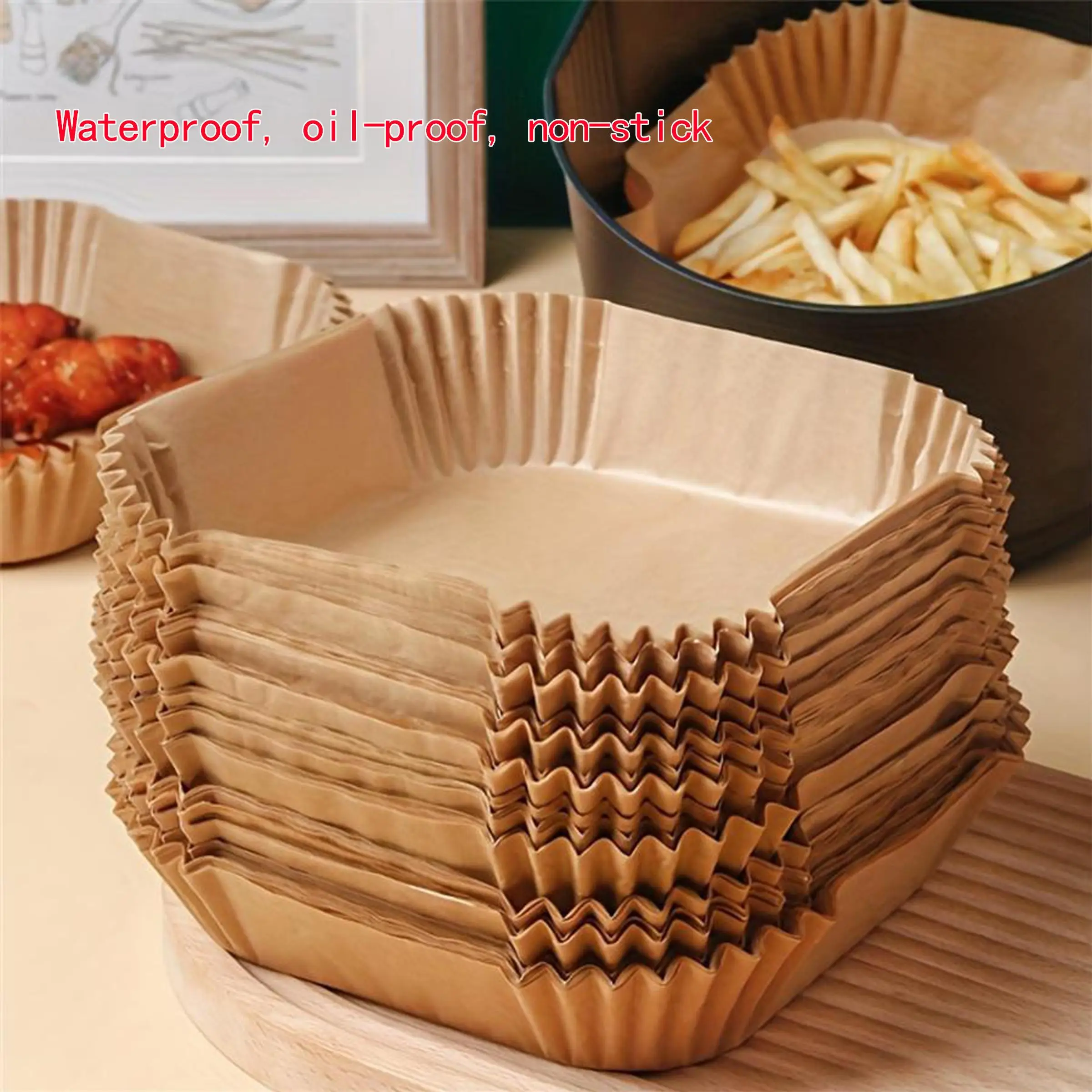 100 pieces of boxed disposable air fryer liner paper, food grade without BPA, 20 x 20 cm square, round waterproof oil-proof non-stick baking paper lin
