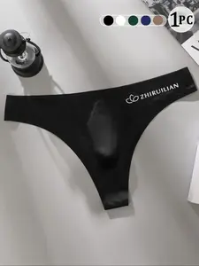 Men's Comfortable Fabric Transparent Breathable Underwear Thong Panties, Casual Style, Slim-Fitting, All Seasons, Letter Pattern
