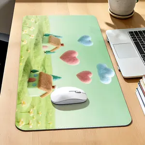 Premium Pastel Felt Houses With Floating Hearts And Clouds Illustration High Quality Mouse Pad Modern Office Gaming Comfort Experience Non?Slip Durable For Daily Work And Play  40*80 Size.