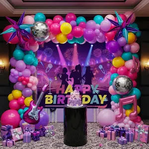 Kpop Music Hunter theme Birthday Decorations & with Pink Purple Teal Yellow Balloon Garland Arch & Guitar Notes Star Disco foil Balloons & Backdrop for Girls fans Birthday Grad Prom Party Decorations