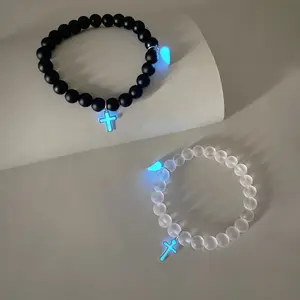 2Pcs/set Luminous Heart Cross Bracelet- Luminous Design Cross Charm Beaded Bracelet- Fashion Jewelry for Girlfriend & Boyfriend -Graduation Gift