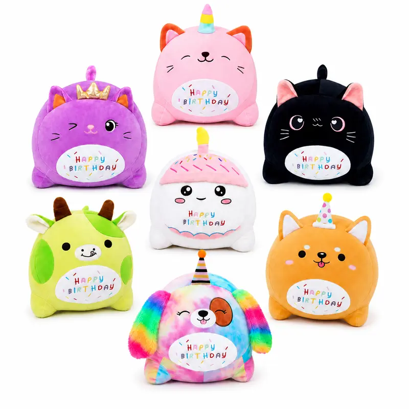 SNOWOLF Birthday Stuffed Animal Pillow 9Inch 15Inch Dog Cat Cow Unicorn Plush Toy with Happy Birthday Embroidery, Soft Kawaii Cat Pillow for Girls Kids, Cute Plush Birthday Gift, Bed Sofa Decor, Soft Stuffed Animal, Durable Soft Fluffy