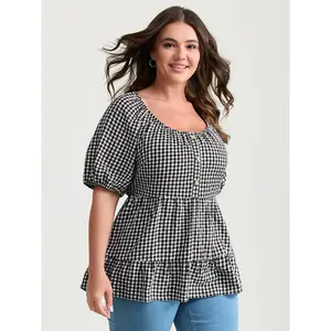 BloomChic Women's Plus Size Fitted Checked Print Button-Detail Fit-and-Flare Blouse [M-6X] - Smooth Fabric Lady Garment, 2026 Summer Mother's Day Pick, Summervibes