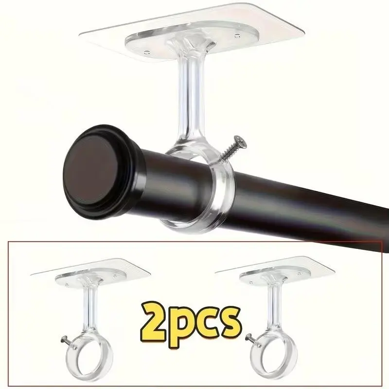 Self-Adhesive Adjustable Curtain Hooks, 2 No-Drill Ceiling Rod Brackets, Adhesive Curtain Rod Holder, Suitable for Wardrobe and Bedroom, Modern Decor Style