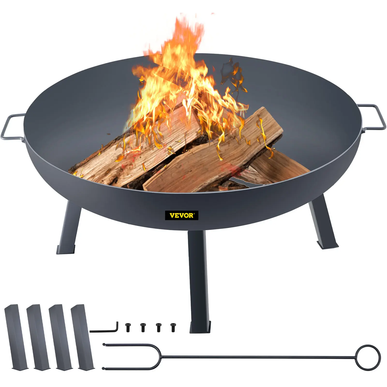 【Summerfinds】VEVOR 34-Inch Round Carbon Steel Fire Pit BowlOutdoor Wood Burning Fire Pit for Patios & BackyardsBlack with Drain HolePortable Handles & Firewood StickFire Pit Outdoor