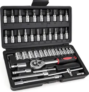 46-Piece Upgraded Socket Wrench Set, 1/4 Inch Metric Mini Drive Ratchet & Screwdriver Kit with Extension Bar, Compact Portable Hand Tools for Car Repair, Ideal Father's Day Gift