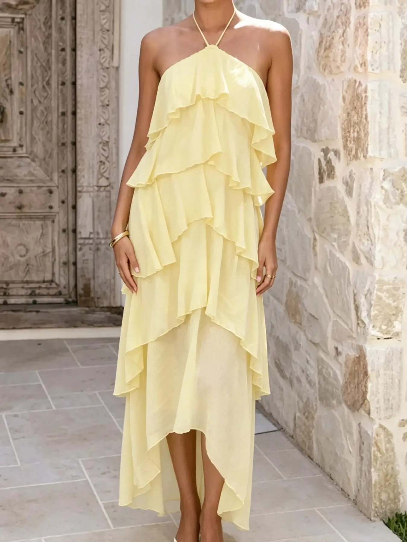 French Style Elegant Solid Backless Asymmetrical Tiered Layered Ruffle Dress, Lightweight Long Flowing Beach Party Dress, Romantic Sweet Fairy Theme, Perfect for Vacation, Dates, Birthdays