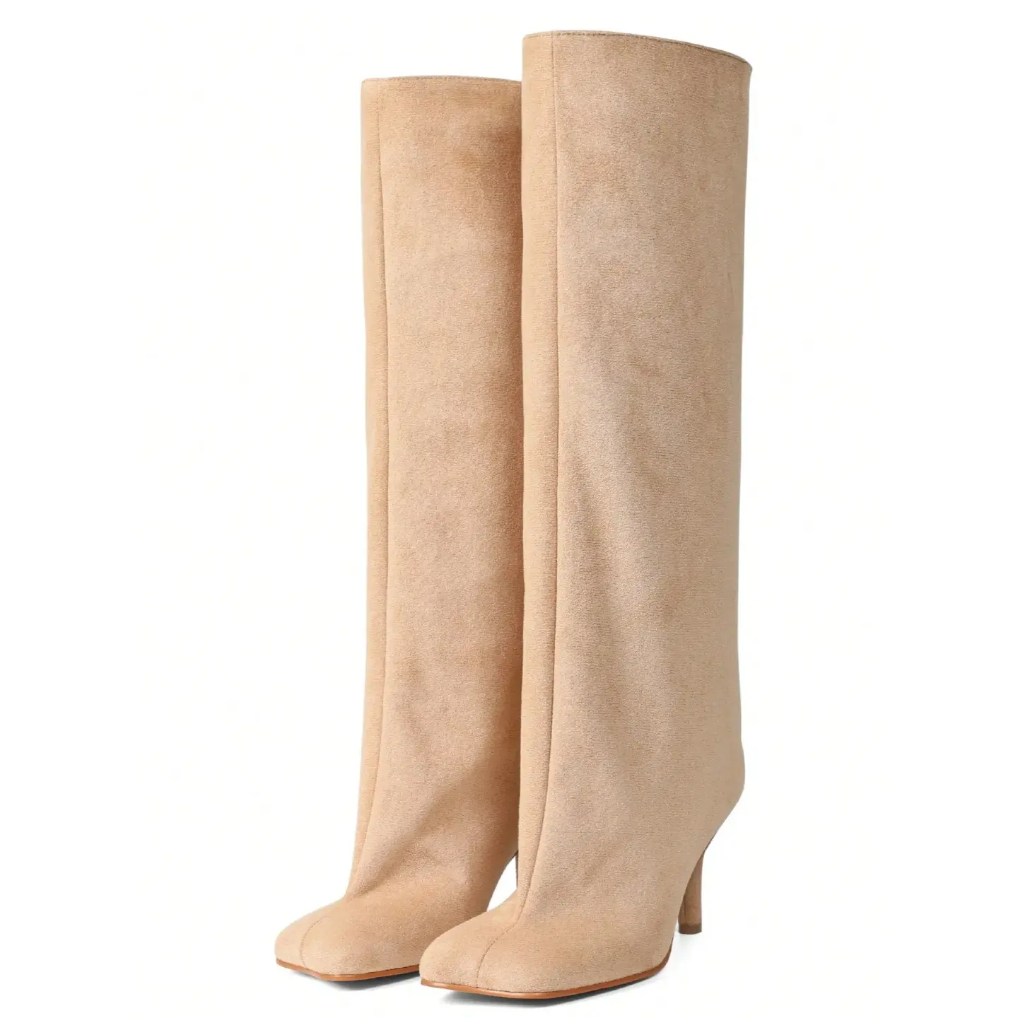 EROCALLI Women's Nude Suede Knee High Boots Square Toe Wide Calf Fashion Boots with Kitten Heel Pull On Tall Winter Boots for Ladies