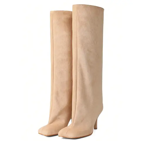 EROCALLI Women's Chic Nude Suede Square Toe Kitten Heel Wide Calf Knee High Slip-On Fashion Booties - Shoes for Women, Daily Elegance, Effortless Wear Winter Footwear