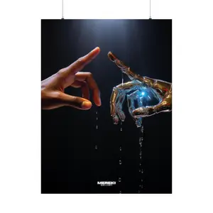 Hand of Creation Art Print - Human and Robotic Hands Touching with Water Droplets - Michelangelo Inspired Modern Wall Art - MEREKI GALLERY"