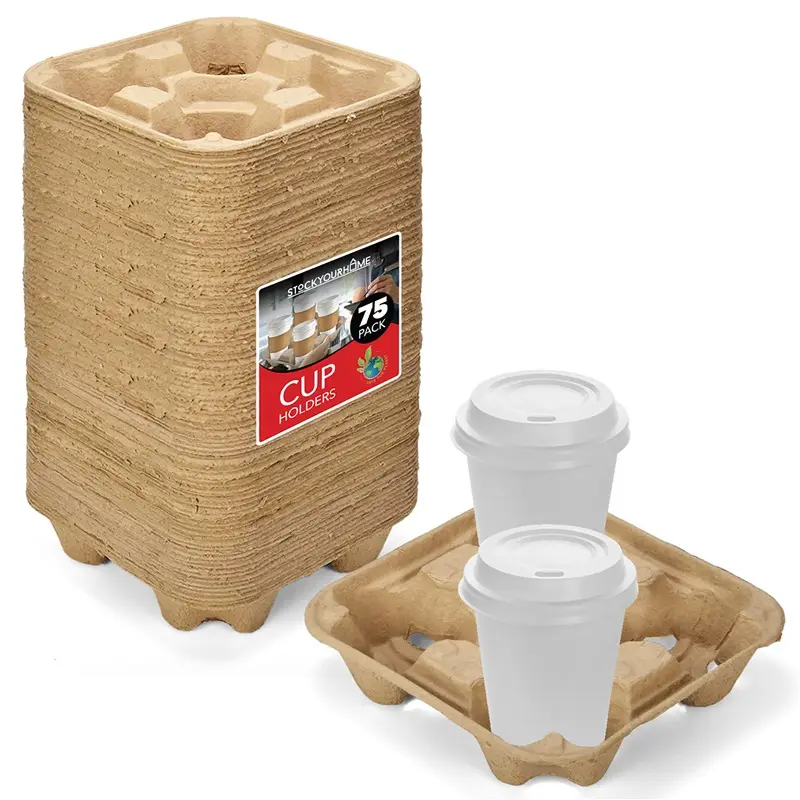 4 Cup Disposable Coffee Tray (75 Count) - Biodegradable and Compostable Cup Holder - Durable Drink Carrier for Hot or Cold Drinks, Uber Eats - to Go Coffee Cup Holder for Food Delivery Service