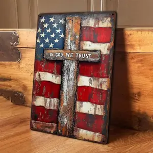 Large Patriotic Aluminum Sign Featuring In God We Trust American Flag and Cross Inspirational Christian Wall Art for Home Church Garage or Office